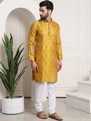 Men's Silk Blend Self Design Mustard Kurta and Churidar Pyjama Set