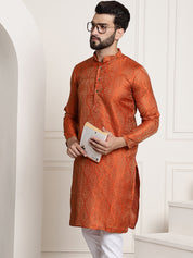 Men's Silk Blend Self Design Orange Long Kurta