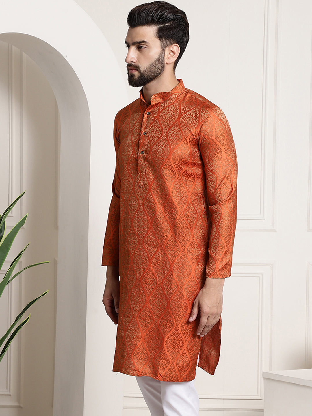 Men's Silk Blend Self Design Orange Long Kurta