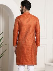 Men's Silk Blend Self Design Orange Long Kurta