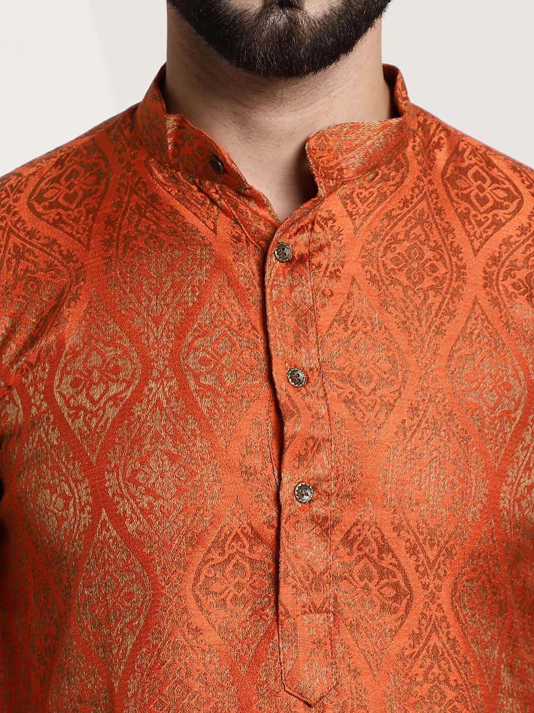 Men's Silk Blend Self Design Orange Long Kurta