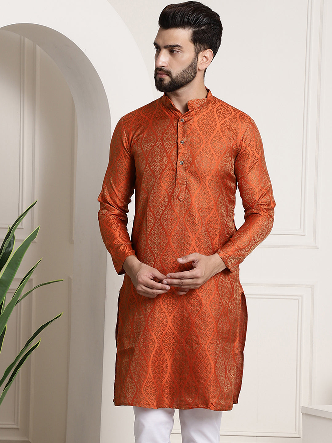 Men's Silk Blend Self Design Orange Long Kurta