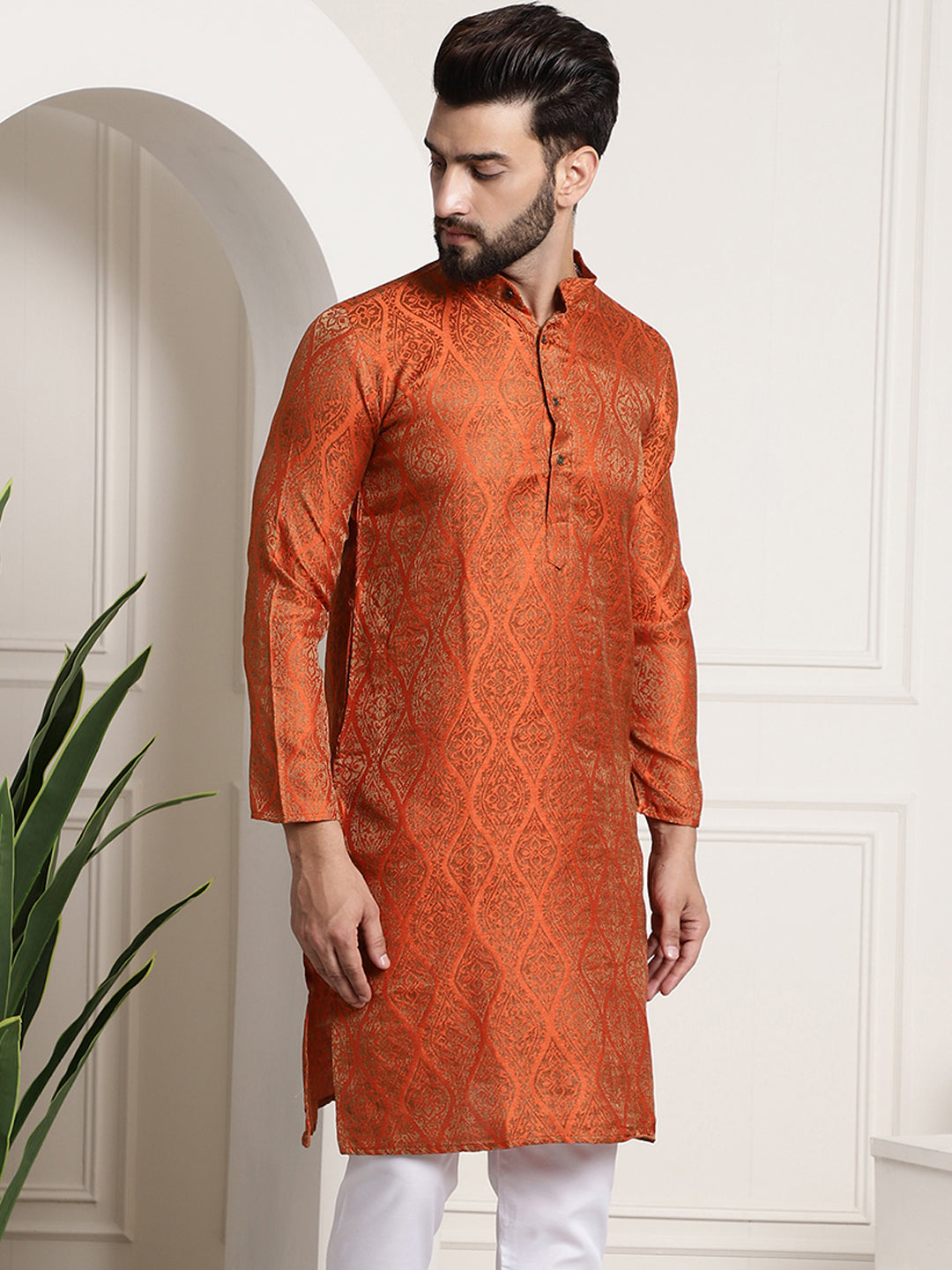 Men's Silk Blend Self Design Orange Long Kurta