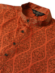 Men's Silk Blend Self Design Orange Long Kurta