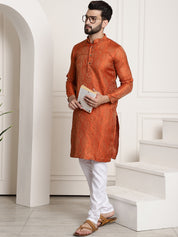 Men's Silk Blend Self Design Orange Kurta and Churidar Pyjama Set