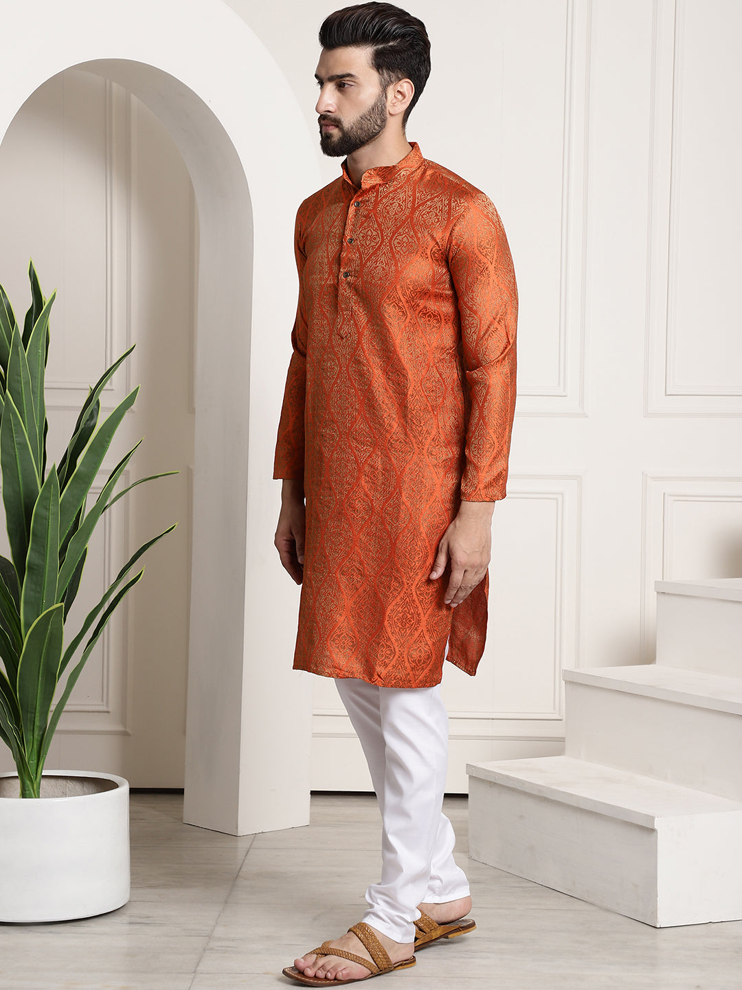 Men's Silk Blend Self Design Orange Kurta and Churidar Pyjama Set