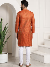 Men's Silk Blend Self Design Orange Kurta and Churidar Pyjama Set