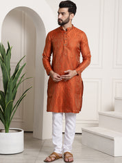 Men's Silk Blend Self Design Orange Kurta and Churidar Pyjama Set