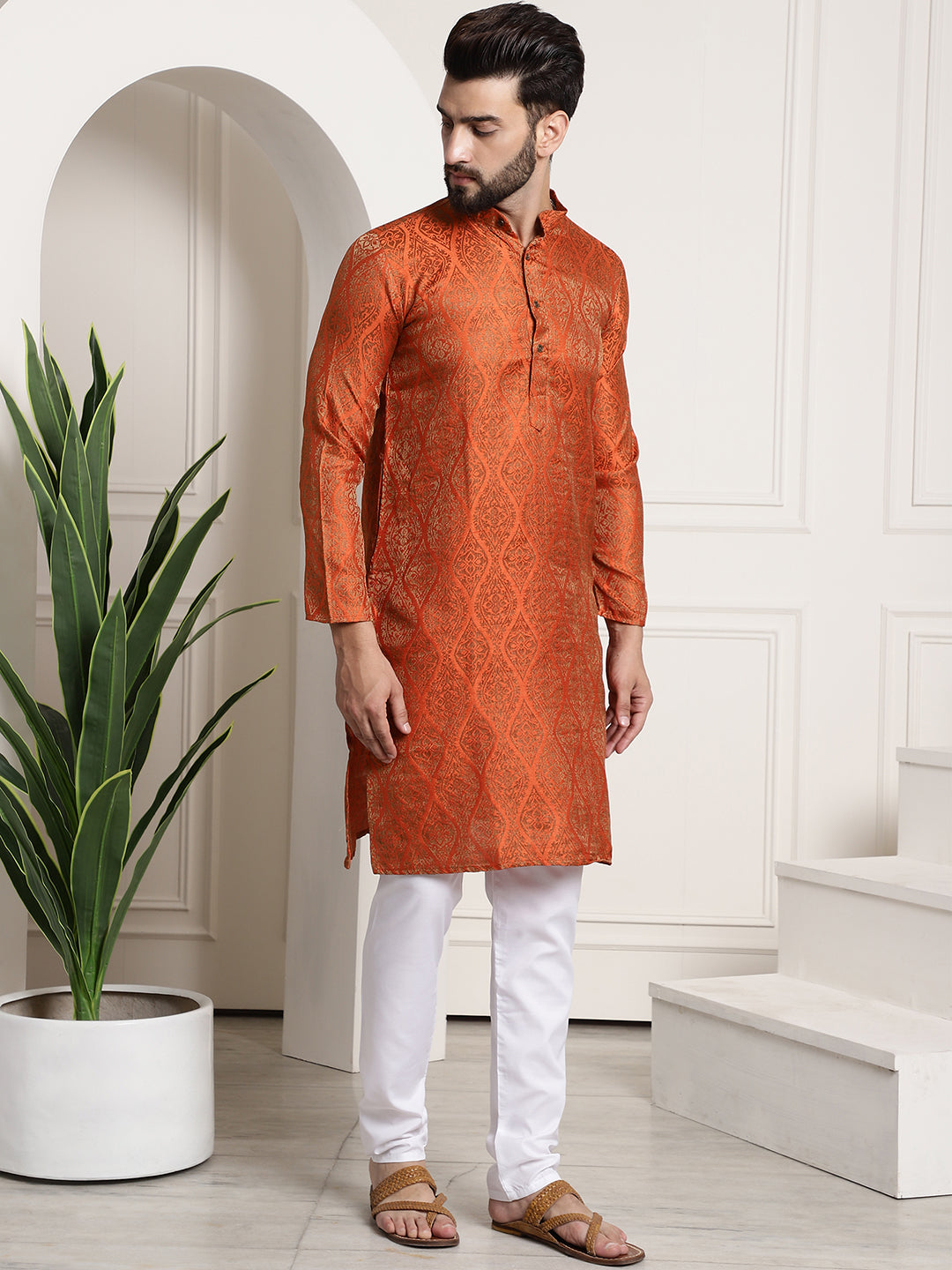 Men's Silk Blend Self Design Orange Kurta and Churidar Pyjama Set