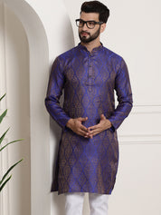 Men's Silk Blend Self Design Blue Long Kurta