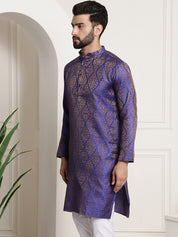 Men's Silk Blend Self Design Blue Long Kurta