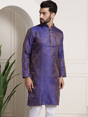 Men's Silk Blend Self Design Blue Long Kurta