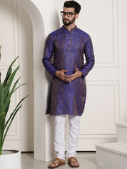 Men's Silk Blend Self Design Blue Kurta and Churidar Pyjama Set