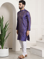 Men's Silk Blend Self Design Blue Kurta and Churidar Pyjama Set