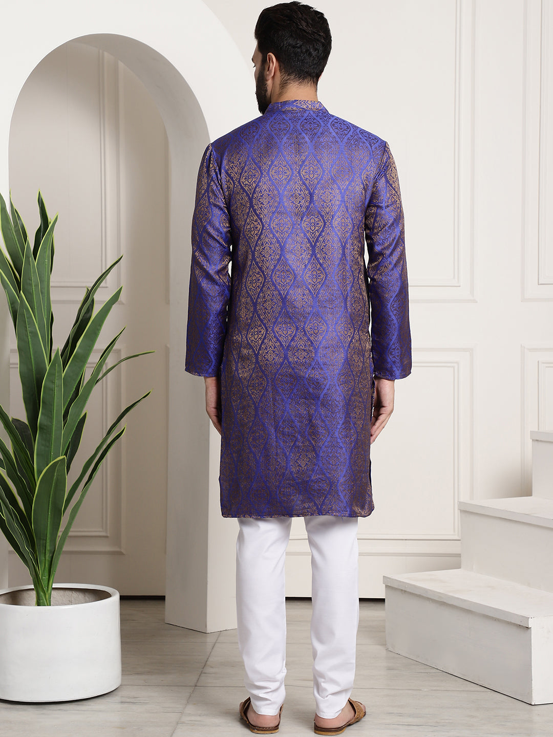 Men's Silk Blend Self Design Blue Kurta and Churidar Pyjama Set