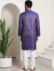 Men's Silk Blend Self Design Blue Kurta and Churidar Pyjama Set