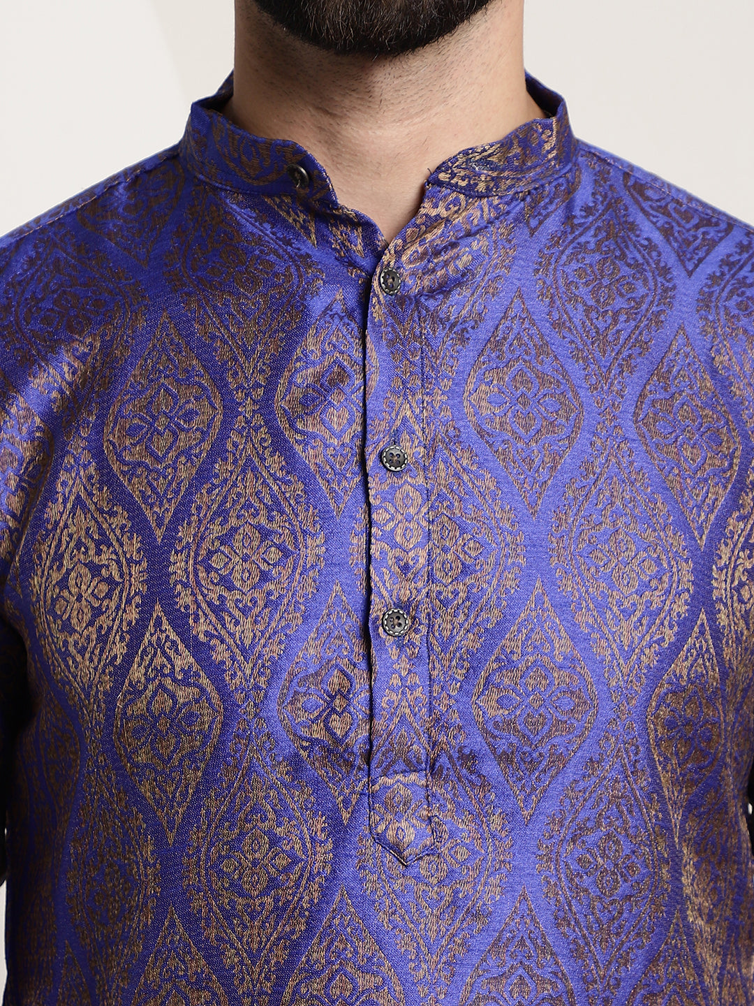 Men's Silk Blend Self Design Blue Kurta and Churidar Pyjama Set