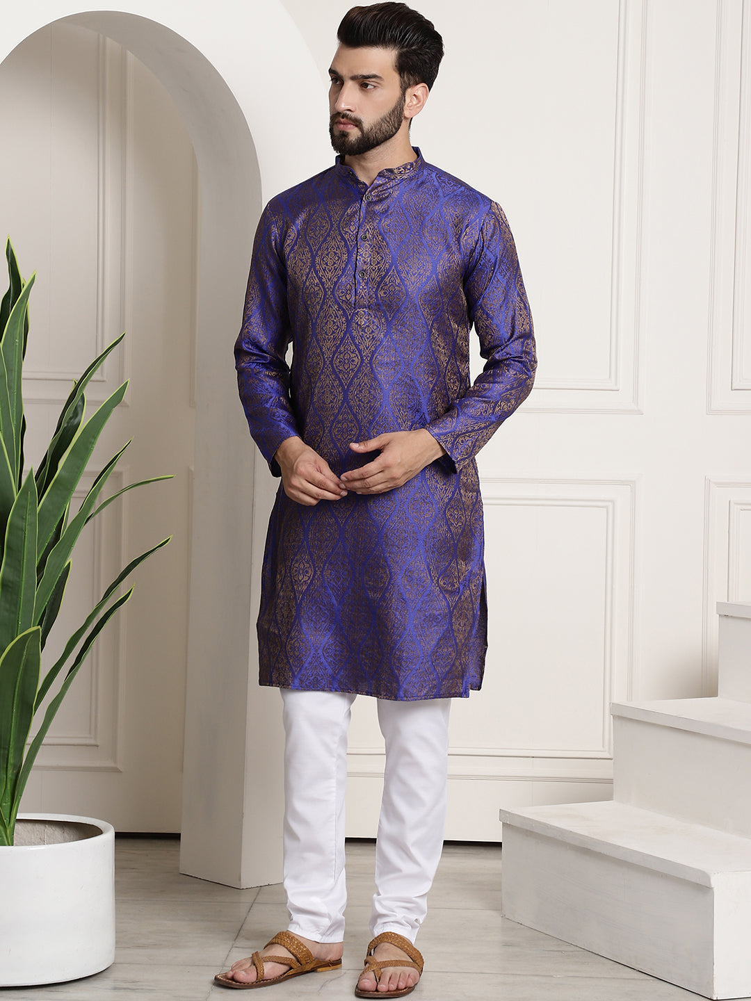 Men's Silk Blend Self Design Blue Kurta and Churidar Pyjama Set