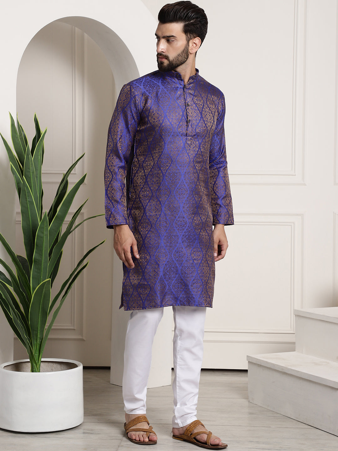 Men's Silk Blend Self Design Blue Kurta and Churidar Pyjama Set