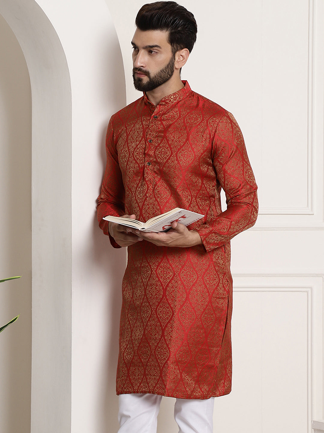 Men's Silk Blend Self Design Red Long Kurta