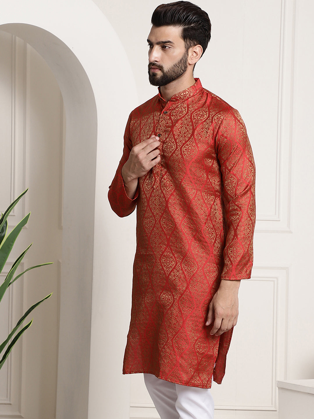 Men's Silk Blend Self Design Red Long Kurta