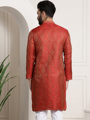 Men's Silk Blend Self Design Red Long Kurta