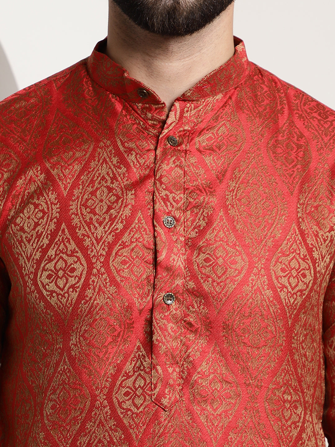 Men's Silk Blend Self Design Red Long Kurta