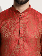 Men's Silk Blend Self Design Red Long Kurta