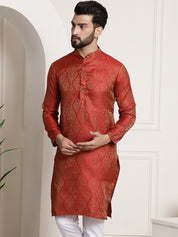 Men's Silk Blend Self Design Red Long Kurta