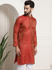 Men's Silk Blend Self Design Red Long Kurta