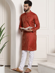 Men's Silk Blend Self Design Red Kurta and Churidar Pyjama Set