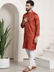 Men's Silk Blend Self Design Red Kurta and Churidar Pyjama Set