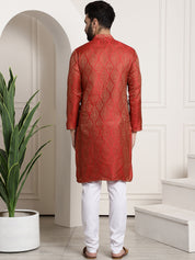 Men's Silk Blend Self Design Red Kurta and Churidar Pyjama Set