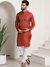 Men's Silk Blend Self Design Red Kurta and Churidar Pyjama Set