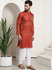 Men's Silk Blend Self Design Red Kurta and Churidar Pyjama Set