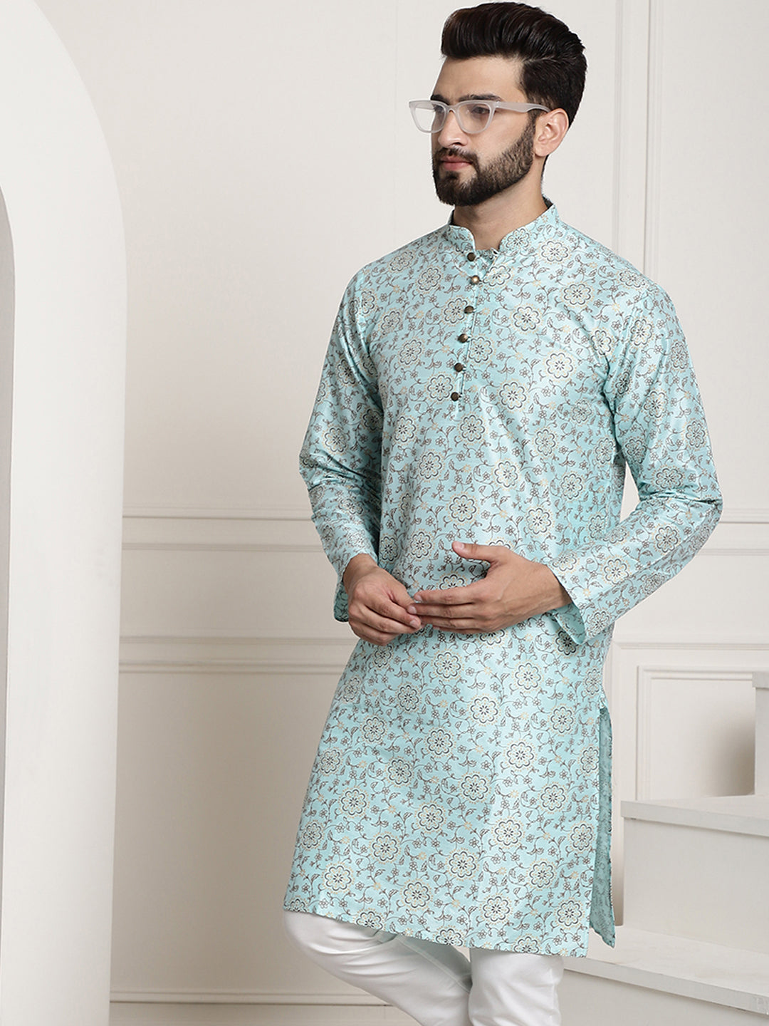 Men's Silk Blend Sea Green Printed Long Kurta