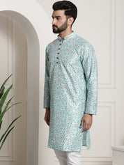 Men's Silk Blend Sea Green Printed Long Kurta