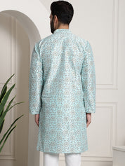 Men's Silk Blend Sea Green Printed Long Kurta