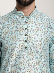 Men's Silk Blend Sea Green Printed Long Kurta