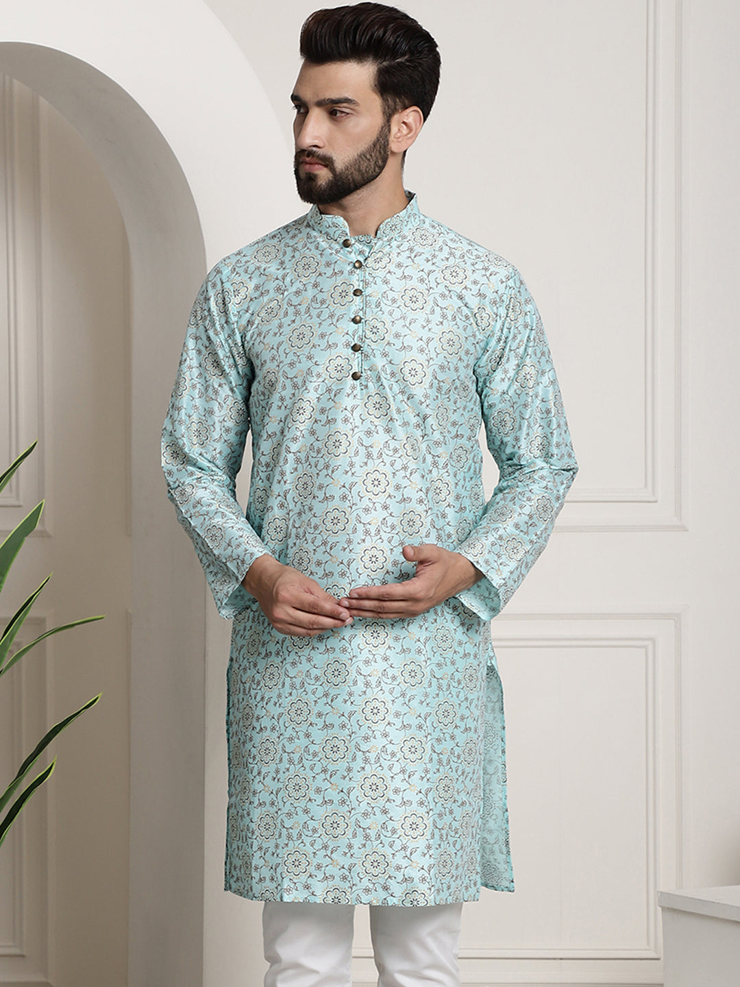 Men's Silk Blend Sea Green Printed Long Kurta