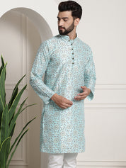 Men's Silk Blend Sea Green Printed Long Kurta