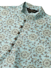 Men's Silk Blend Sea Green Printed Long Kurta