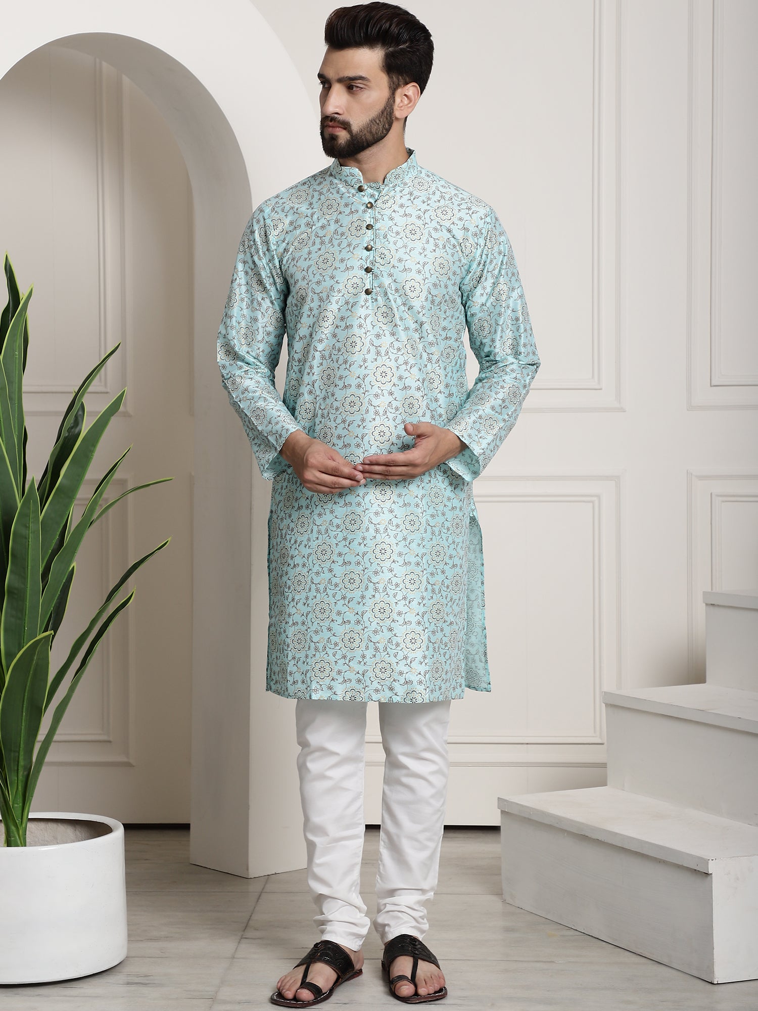 Men's Silk Blend Sea Green printed Kurta and White Churidar Pyjama Set