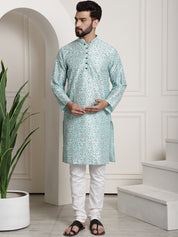 Men's Silk Blend Sea Green printed Kurta and White Churidar Pyjama Set