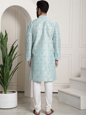 Men's Silk Blend Sea Green printed Kurta and White Churidar Pyjama Set