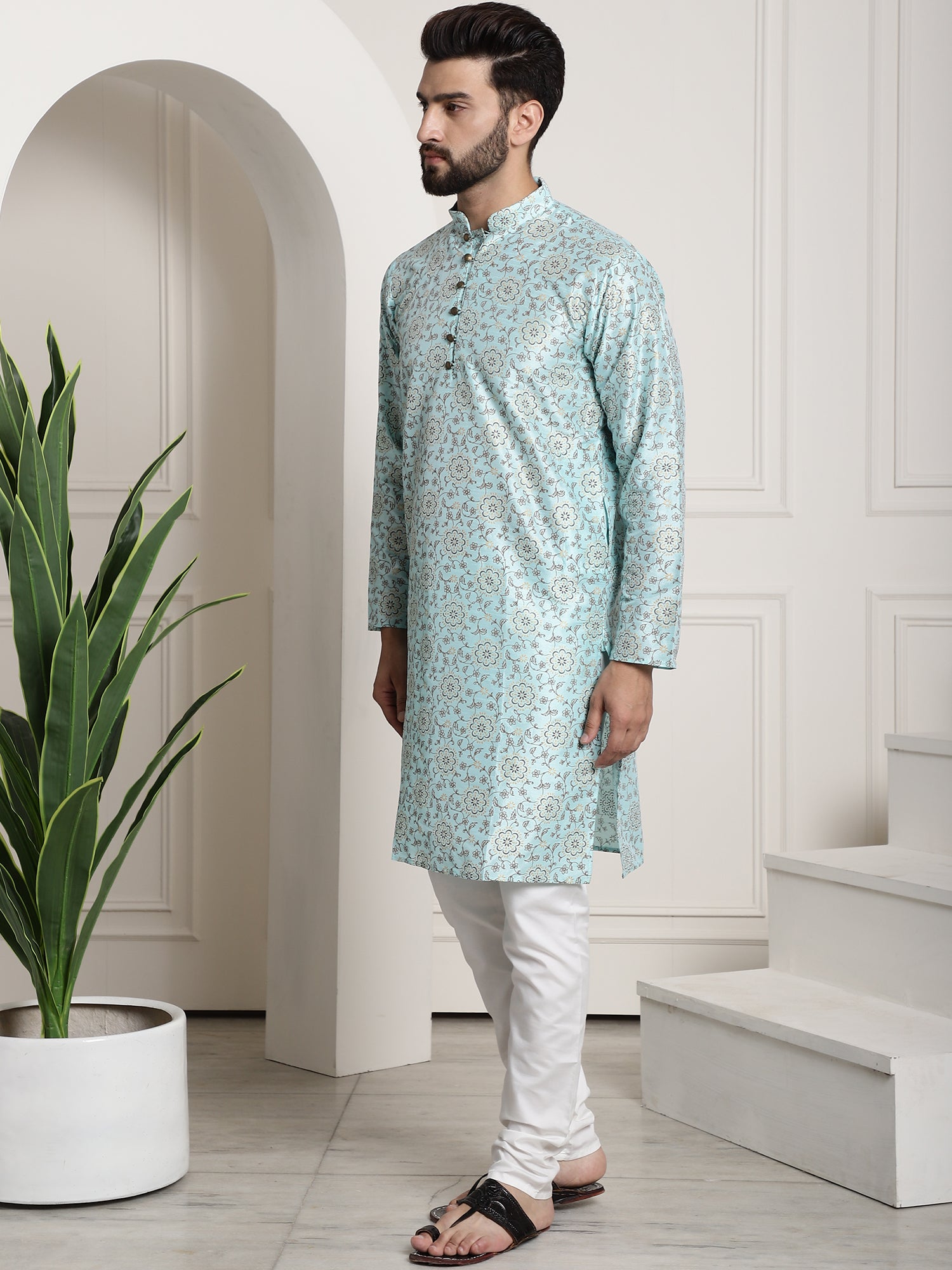 Men's Silk Blend Sea Green printed Kurta and White Churidar Pyjama Set