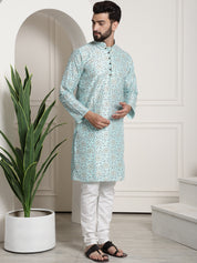 Men's Silk Blend Sea Green printed Kurta and White Churidar Pyjama Set