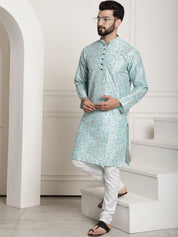 Men's Silk Blend Sea Green printed Kurta and White Churidar Pyjama Set