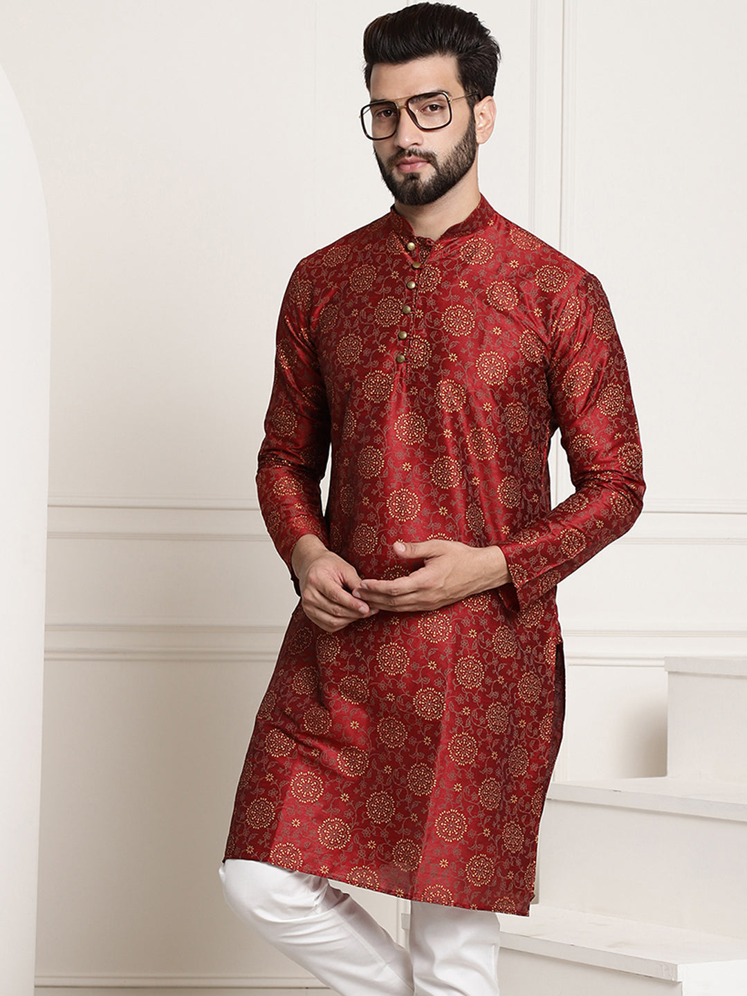 Men's Silk Blend Maroon Printed Long Kurta