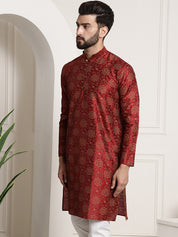 Men's Silk Blend Maroon Printed Long Kurta